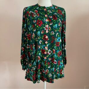 Betsey Johnson Vintage 70s Alley Cat Floral Smock Sz M/L Green Pink Buttons
